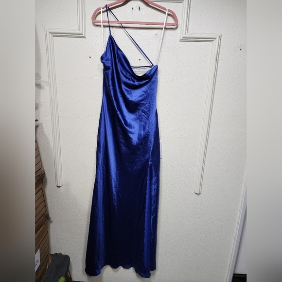 Lulus Flirtatious Evenings Blue Satin Asymmetrical Backless Maxi Dress Party - Picture 7 of 10